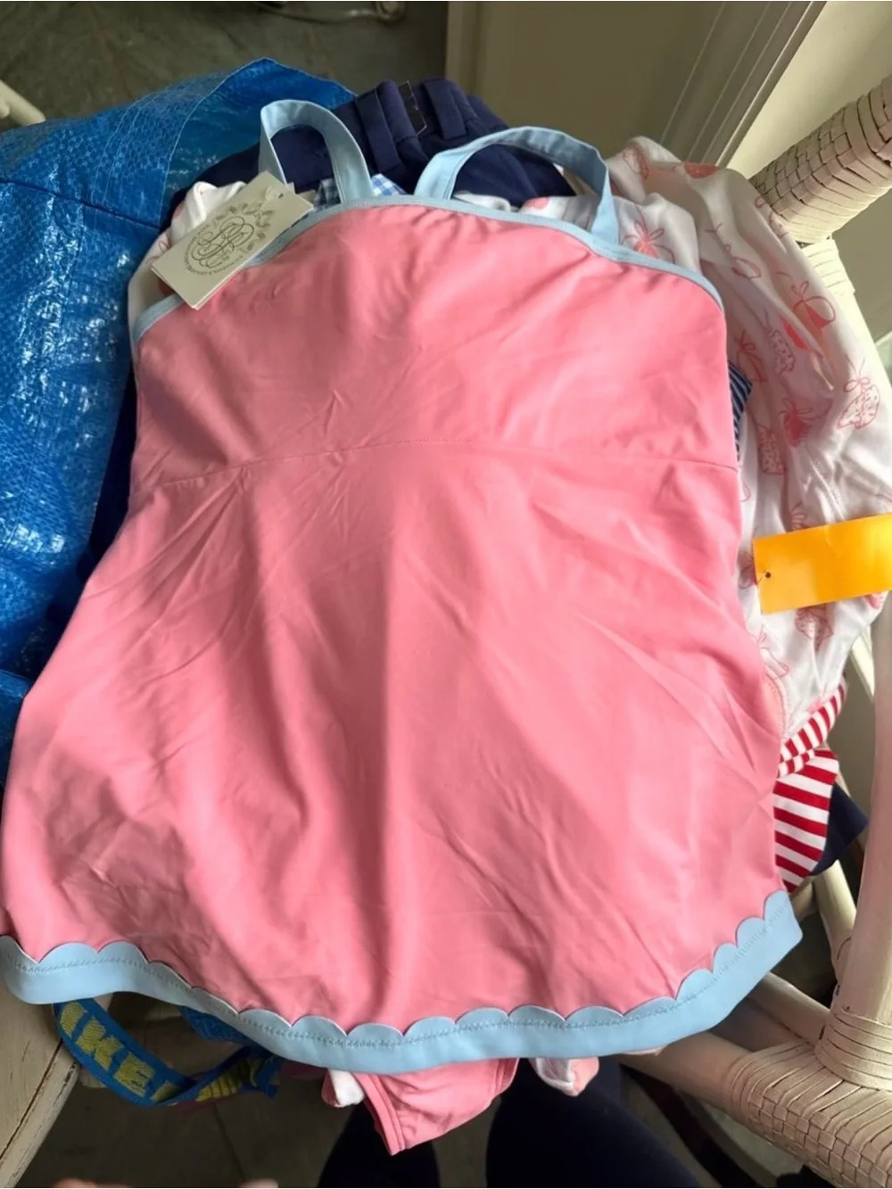 The Beaufort Bonnet Company Pink Swim Dress with Light Blue Trim and bow